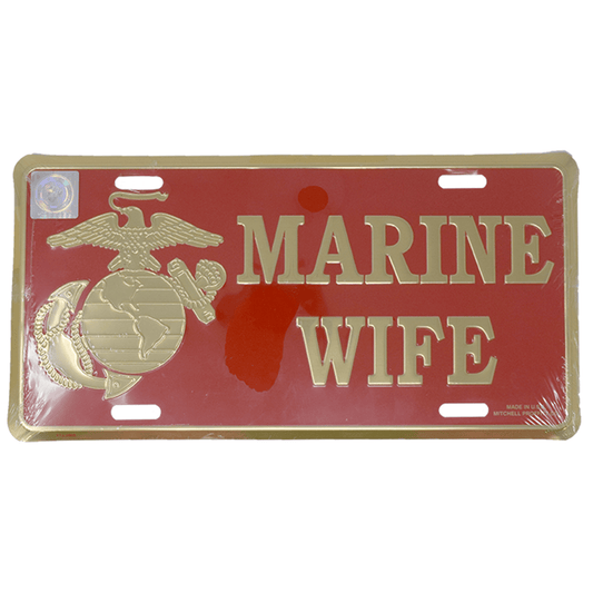 Marine Wife  License Plate with Gold EGA Emblem on Red Metal